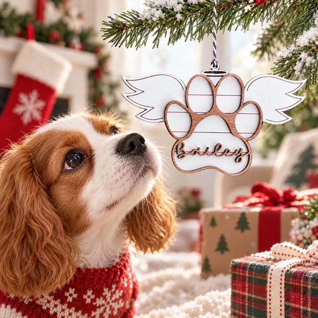 Custom Personalized Wood Ornament with Angel Wings & Paw Print CLH4U
