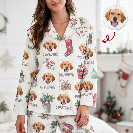 Custom Photo Upload Pajamas with Golden Retriever & Christmas Decor C1IXI