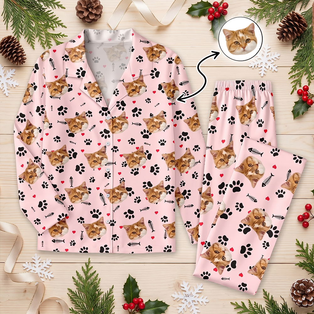 Custom Photo Upload Pajamas with Cat Faces and Paw Prints 3942X