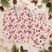 Custom Photo Upload Pajamas with Cat Faces and Paw Prints 3942X