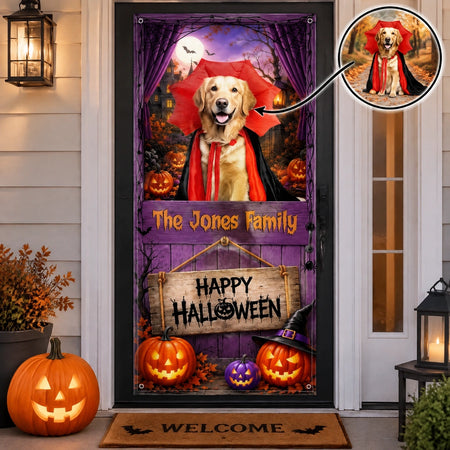 Custom Photo Upload Door Cover with Happy Halloween Pumpkins V7577