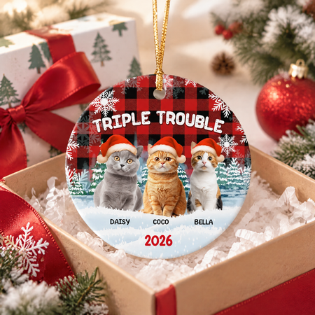 Custom Photo Upload Ceramic Ornament with Triple Trouble & Buffalo Plaid S5FQ5