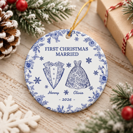 Custom Personalized Ceramic Ornament with Blue Floral Wedding Design 9EP9B