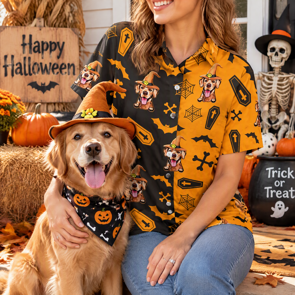 Custom Photo Upload Hawaiian Shirt with Halloween Dog & Bats 9S3Q7