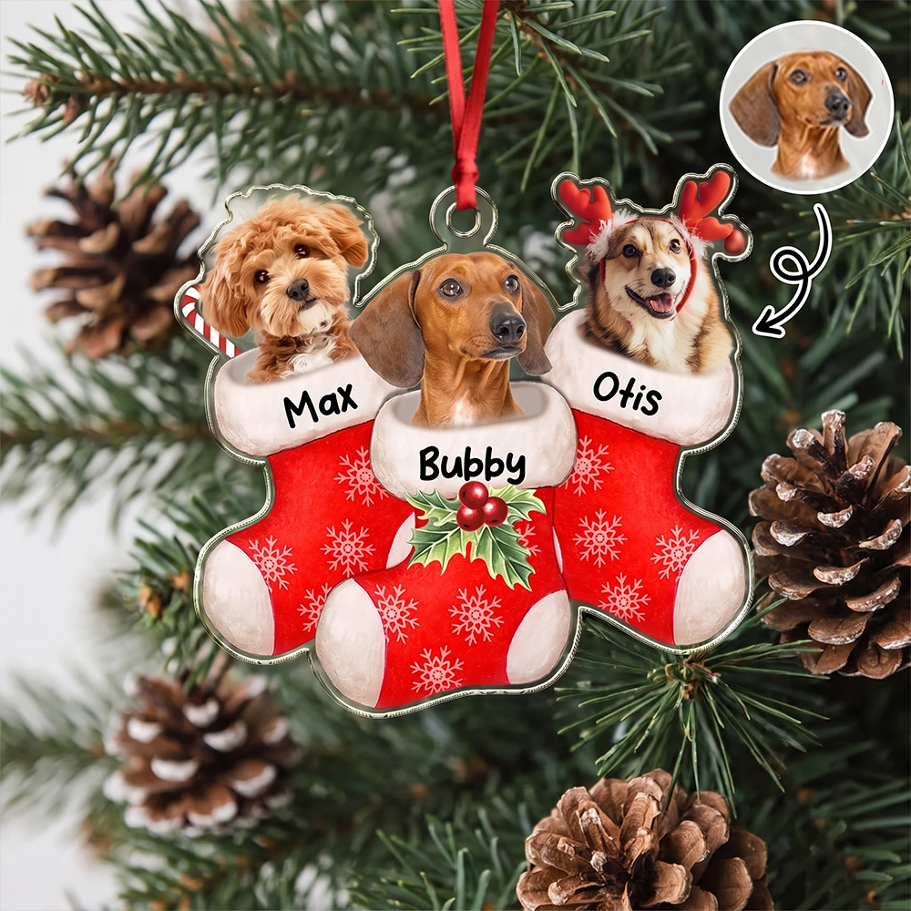 Custom Photo Upload Acrylic Ornament with Red Stocking & Snowflakes ZVVB2