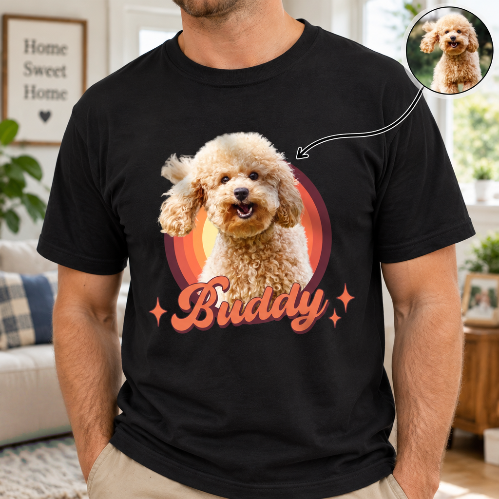 Custom Photo Upload T-Shirt with Retro Sunset Circle C2U9F