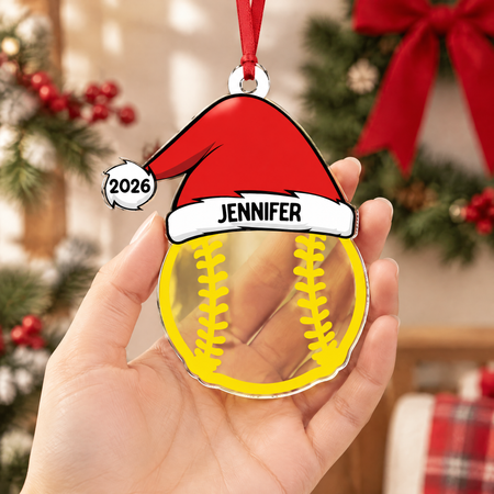 Custom Personalized Acrylic Ornament with Santa Hat & Softball XJKZ5