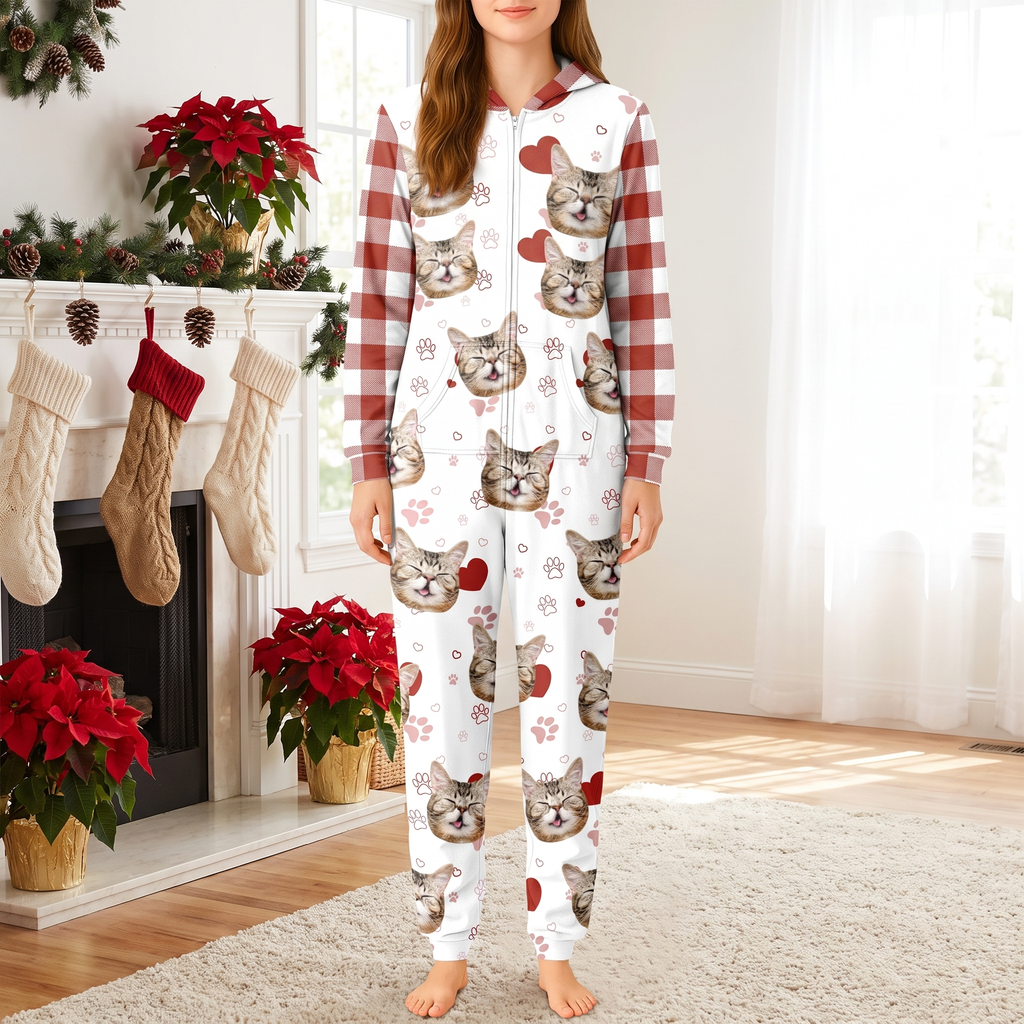 Custom Photo Upload Onesie Pajamas with Cat Faces & Plaid Sleeves 4ILQ1