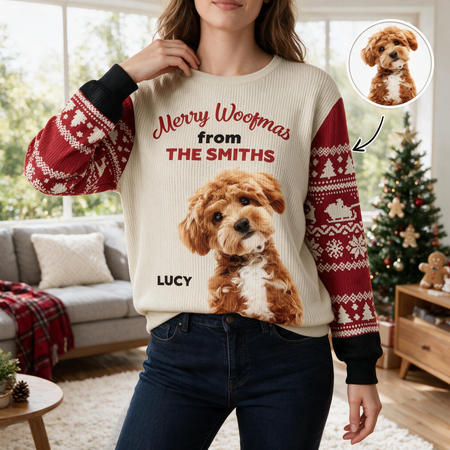 Custom Photo Upload Merry Woofmas Sweater with Fair Isle Sleeves 3Z32T