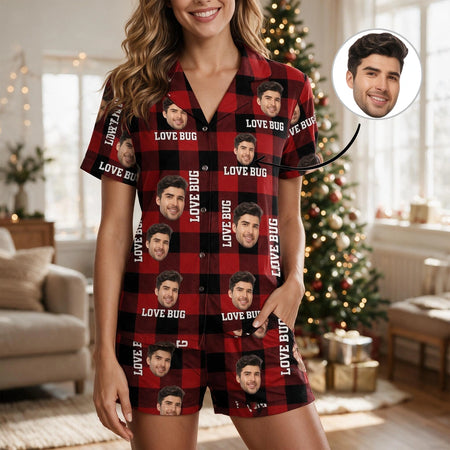 Custom Photo Upload Pajama Set with Buffalo Plaid & Love Bug Text NCKBE