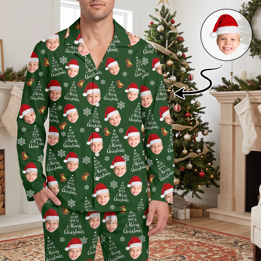 Custom Photo Pajama Set with Merry Christmas & Snowflakes KCM6S