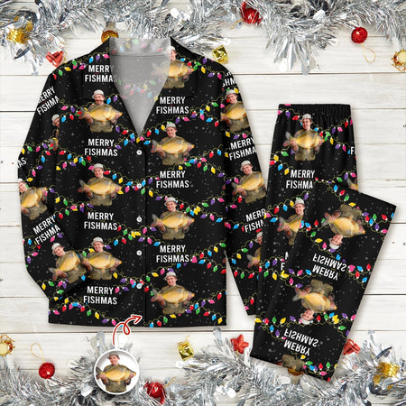Custom Photo Upload Pajamas with Merry Fishmas & Christmas Lights 2QFUG