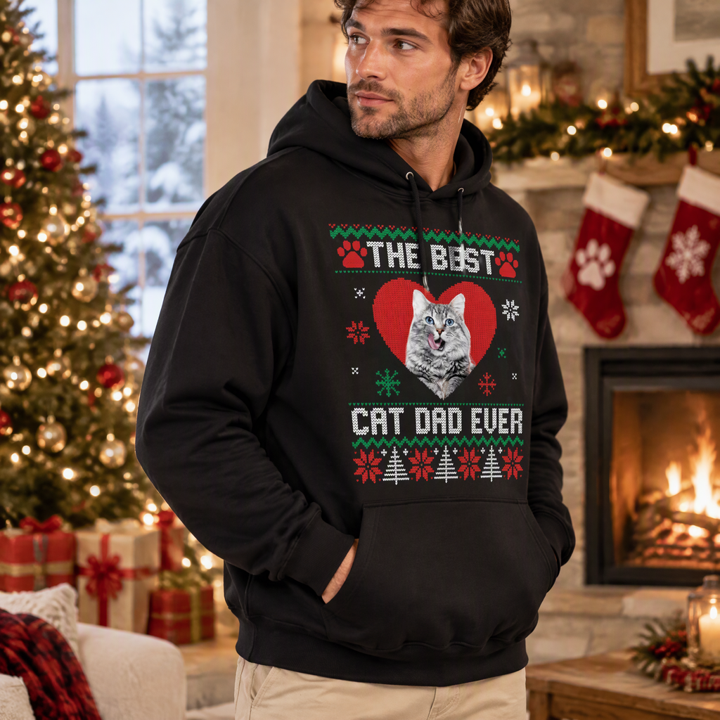 Custom Photo Upload Christmas Sweatshirt The Best Cat Dad Ever 85RSA