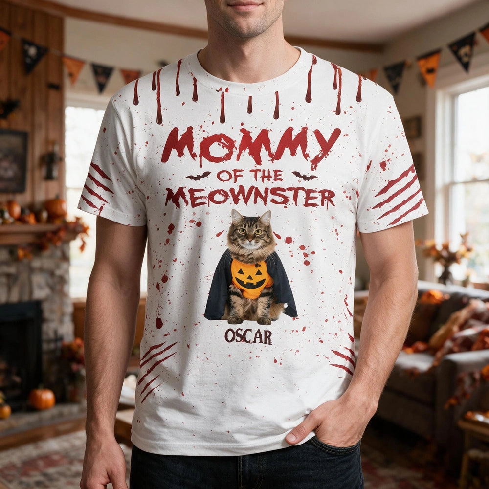 Custom Photo Upload Mommy Daddy of the Meownster Halloween T-Shirt W55Z4
