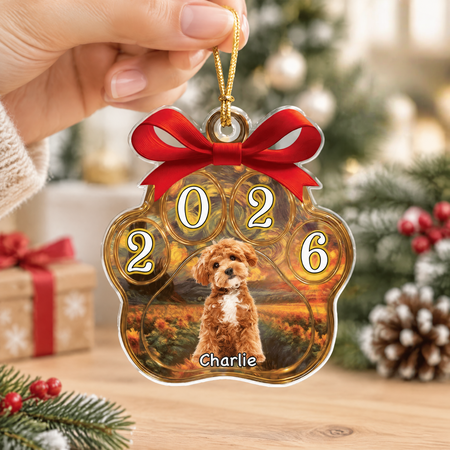 Custom Photo Upload Acrylic Ornament with Red Bow & Year 2025 4N96U