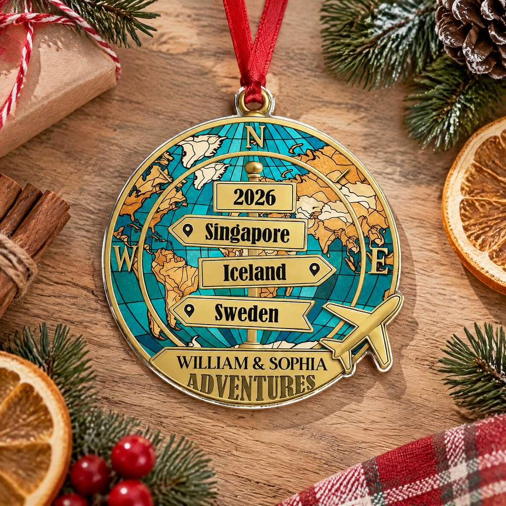 Custom Personalized Acrylic Ornament with World Map & Travel Signs 0DO2O
