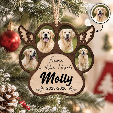 Custom Photo Upload Wood Ornament with Angel Wings & Paw Print 5DCHF