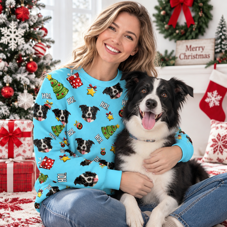 Custom Photo Upload Sweater with Santa Dog and HO! Christmas Pattern PK31S