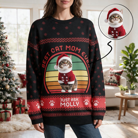 Custom Photo Upload Best Cat Mom Ever Sweater with Retro Sunset P9GT8