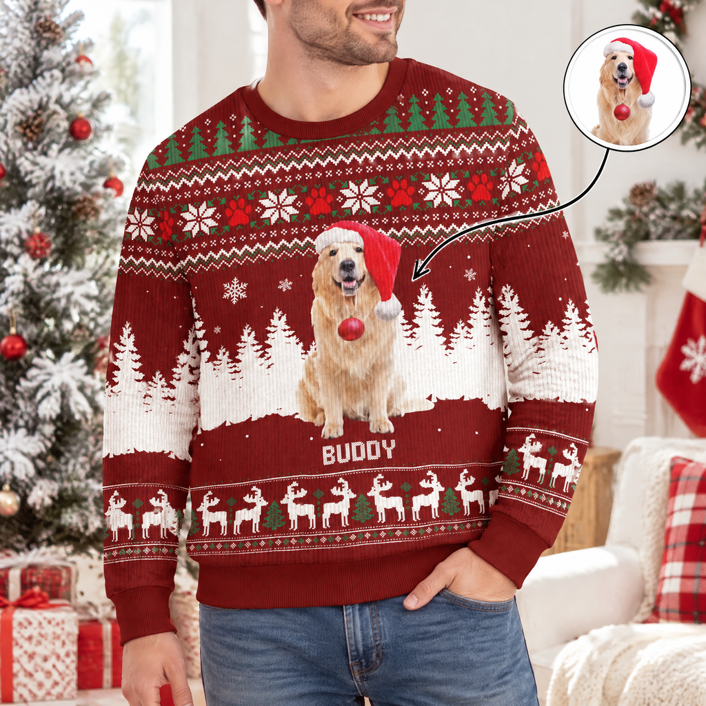 Custom Photo Upload Christmas Sweater with Dog & Winter Scene STUW3