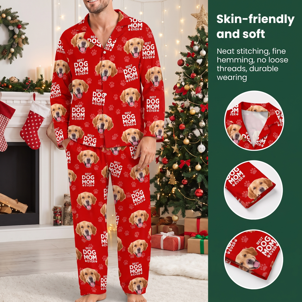 Custom Photo Upload Pajama Set with Best Dog Mom Ever & Paw Prints E9Q4M