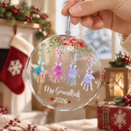 Custom Personalized Round Shaped Glass Ornament with Handprints C83SK