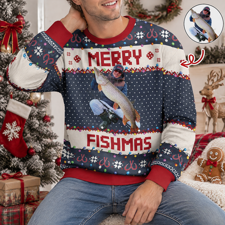 Custom Photo Merry Fishmas Gift For Fishing Lovers Ugly Sweater I694L