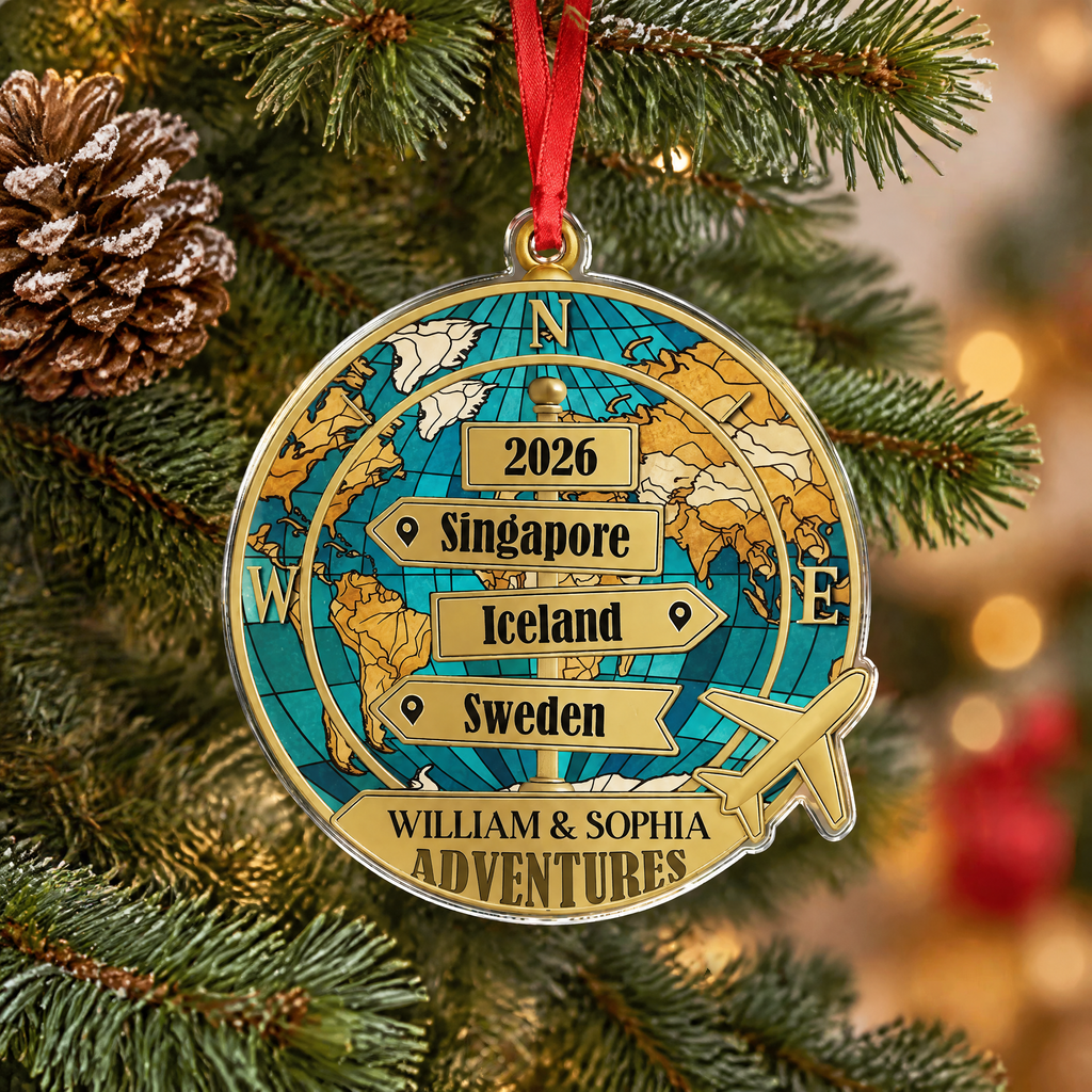Custom Personalized Acrylic Ornament with World Map & Travel Signs 0DO2O