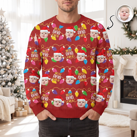 Custom Photo Upload Sweater with Best Dad Ever & Christmas Lights NCW46