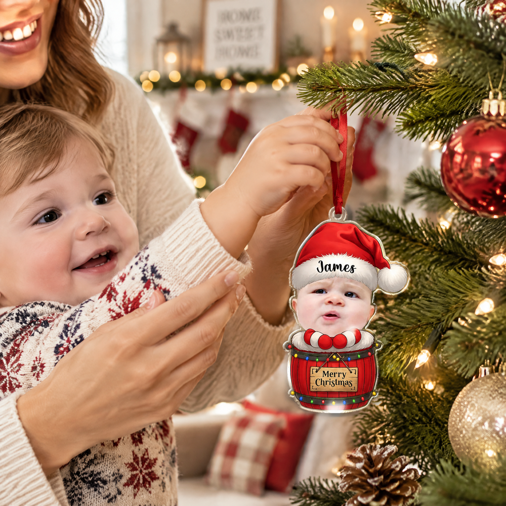 Custom Photo Acrylic Ornament with Santa Hat & Merry Christmas SS9CV