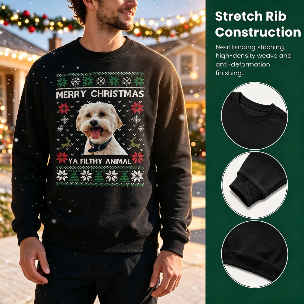 Custom Photo Ugly Christmas Ya Filthy Animal Dog Cat Sweatshirt, Dog Lover Sweater Christmas CVUFA