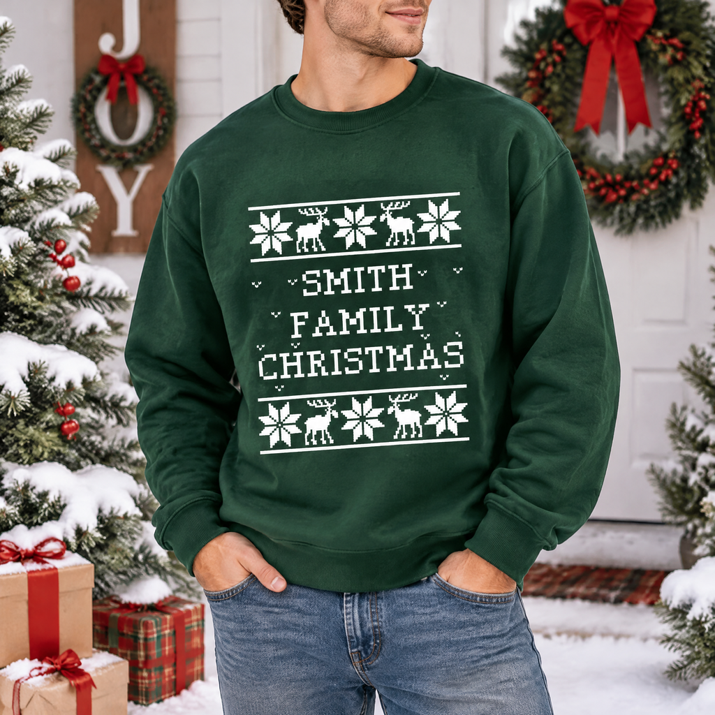 Custom Personalized Christmas Sweatshirt with Snowflakes & Reindeer E77E5