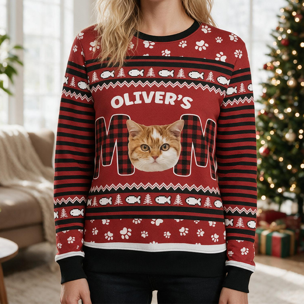 Custom Photo Upload Sweater with Cat Mom and Buffalo Plaid Pattern B5PGE
