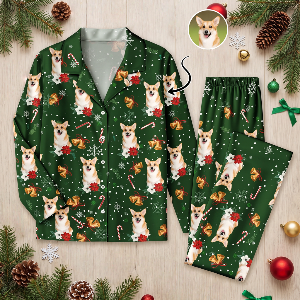 Custom Photo Upload Pajamas with Christmas Bells & Candy Canes O88YW