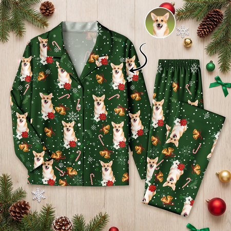 Custom Photo Upload Pajamas with Christmas Bells & Candy Canes O88YW