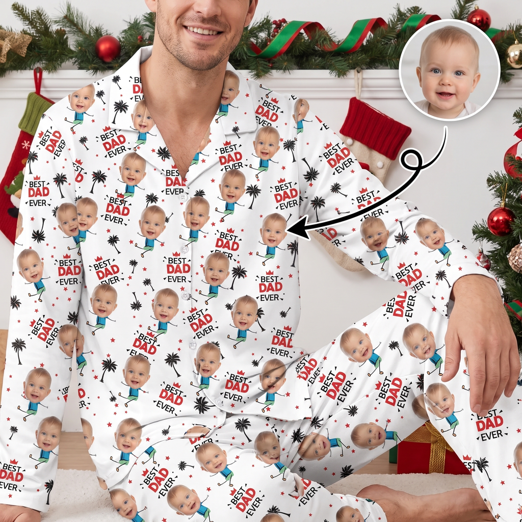 Custom Photo Upload Pajamas with Best Dad Ever Text & Palm Trees CRYV4