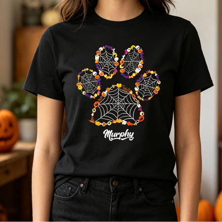 Custom Personalized Halloween Paw Print Sweatshirt with Spiderweb M62B5