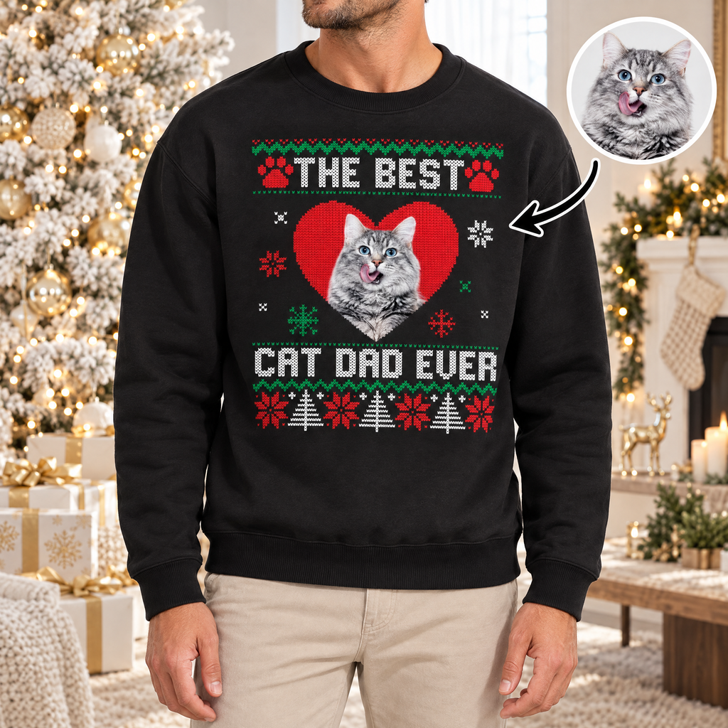 Custom Photo Upload Christmas Sweatshirt The Best Cat Dad Ever 85RSA