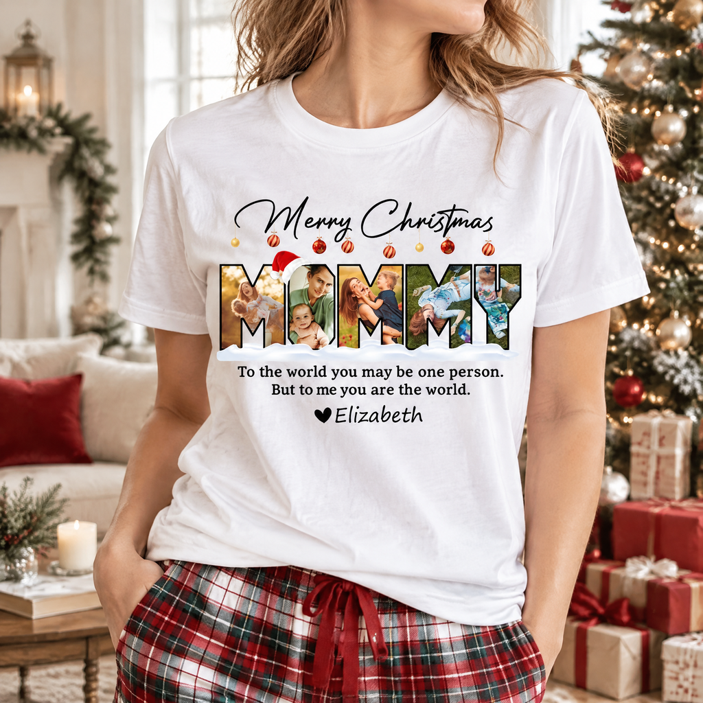 Custom Photo Upload T-Shirt with Merry Christmas & Mommy Letters GWQ9D