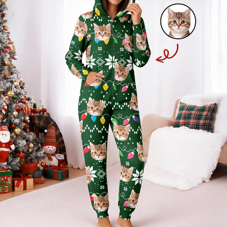 Custom Photo Upload Onesie Pajamas with Cats & Christmas Lights 6QPG0