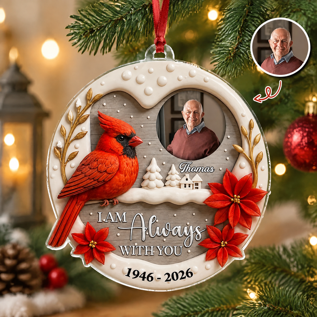 Custom Photo Upload Acrylic Ornament with Cardinal & Poinsettias K7K3Q