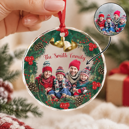 Custom Photo Upload Round Shaped Glass Ornament with Holiday Wreath 74DQR