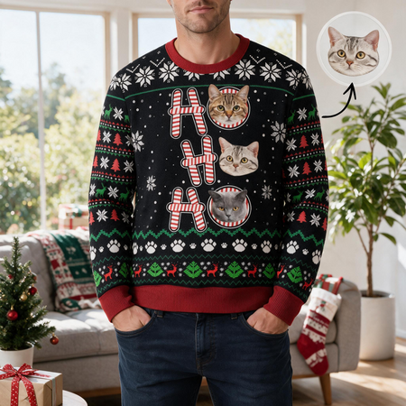Custom Photo Upload Christmas Sweater with Ho Ho Ho Cat Design RUVV0