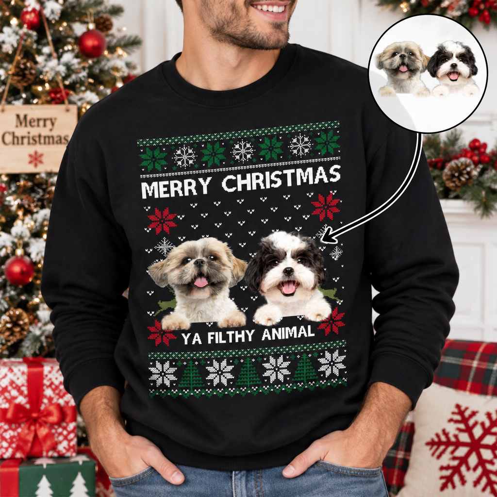 Custom Dog Face Merry Christmas Crewneck Sweatshirt — Custom Gift EEQQT