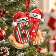 Custom Personalized Acrylic Ornament with Santa Hats & Striped Numbers 1XIWI