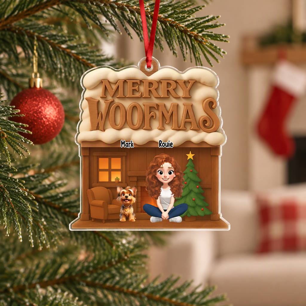Custom Personalized Acrylic Ornament with Merry Woofmas Dog House V28FG
