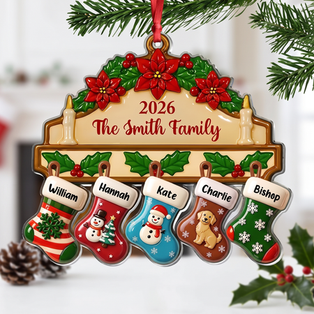 Custom Personalized Acrylic Ornament with Poinsettias & Stockings JA26J