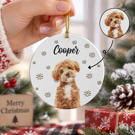 Custom Photo Upload Ceramic Ornament with Buffalo Plaid & Paw Prints 5CLK7