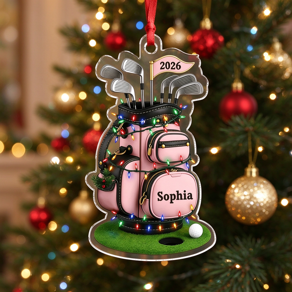 Custom Personalized Acrylic Ornament with Golf Bag & Christmas Lights 5YV5X