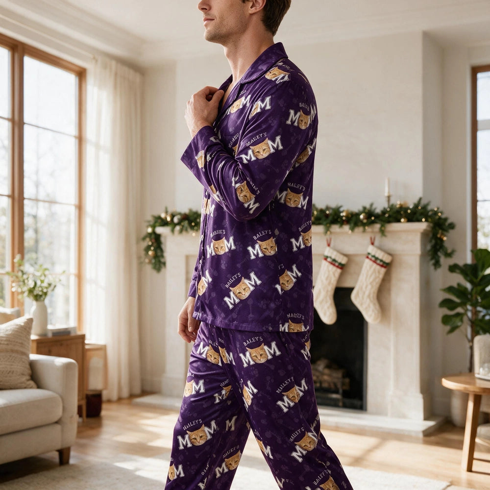 Custom Photo Upload Pajamas with Cat MOM DAD Pattern & Paw Prints BF8TU